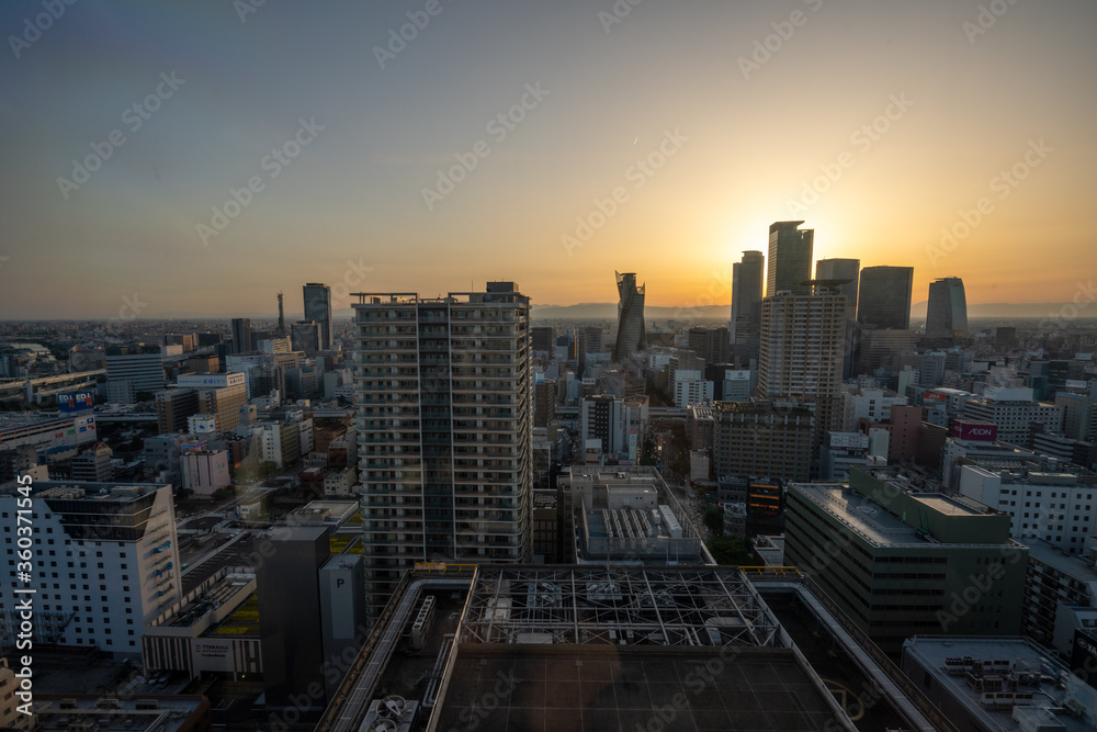 Beautiful Sunset in Nagoya, Japan with dense urban cityscape view