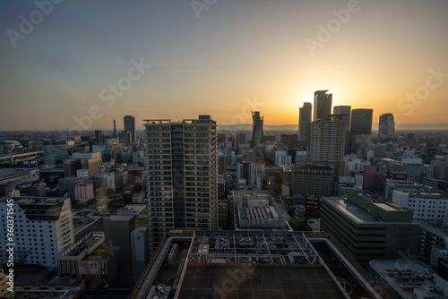 Beautiful Sunset in Nagoya  Japan with dense urban cityscape view