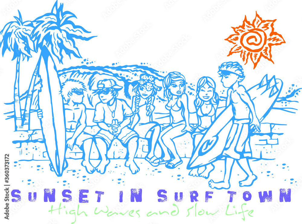 Naklejka premium Vector illustration of young people on the beach with surfboards.