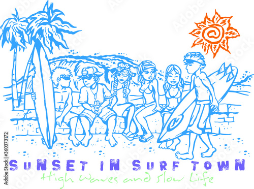 Vector illustration of young people on the beach with surfboards.