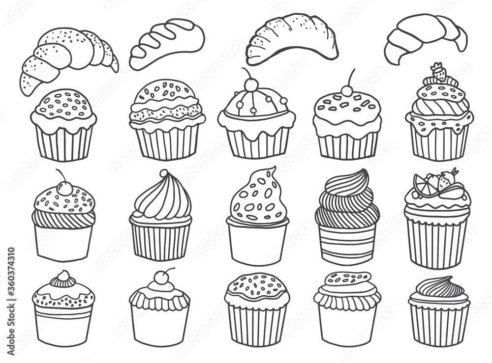 Set of drawings on the theme cakes. Cakes, pies, bread, Desserts, sweets, ice cream, muffin and other confectionery products. vector illustration Set of drawings on the theme cakes. Cakes, pies, bread, Desserts, sweets, ice cream, muffin and other confectionery products. vector illustration
