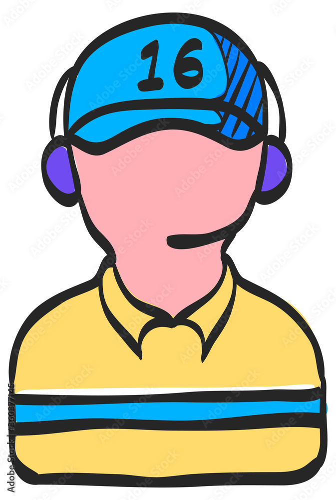 Man headphone icon in color drawing. Assistant help contact sport race monitor Man headphone icon in color drawing. Assistant help contact sport race monitor