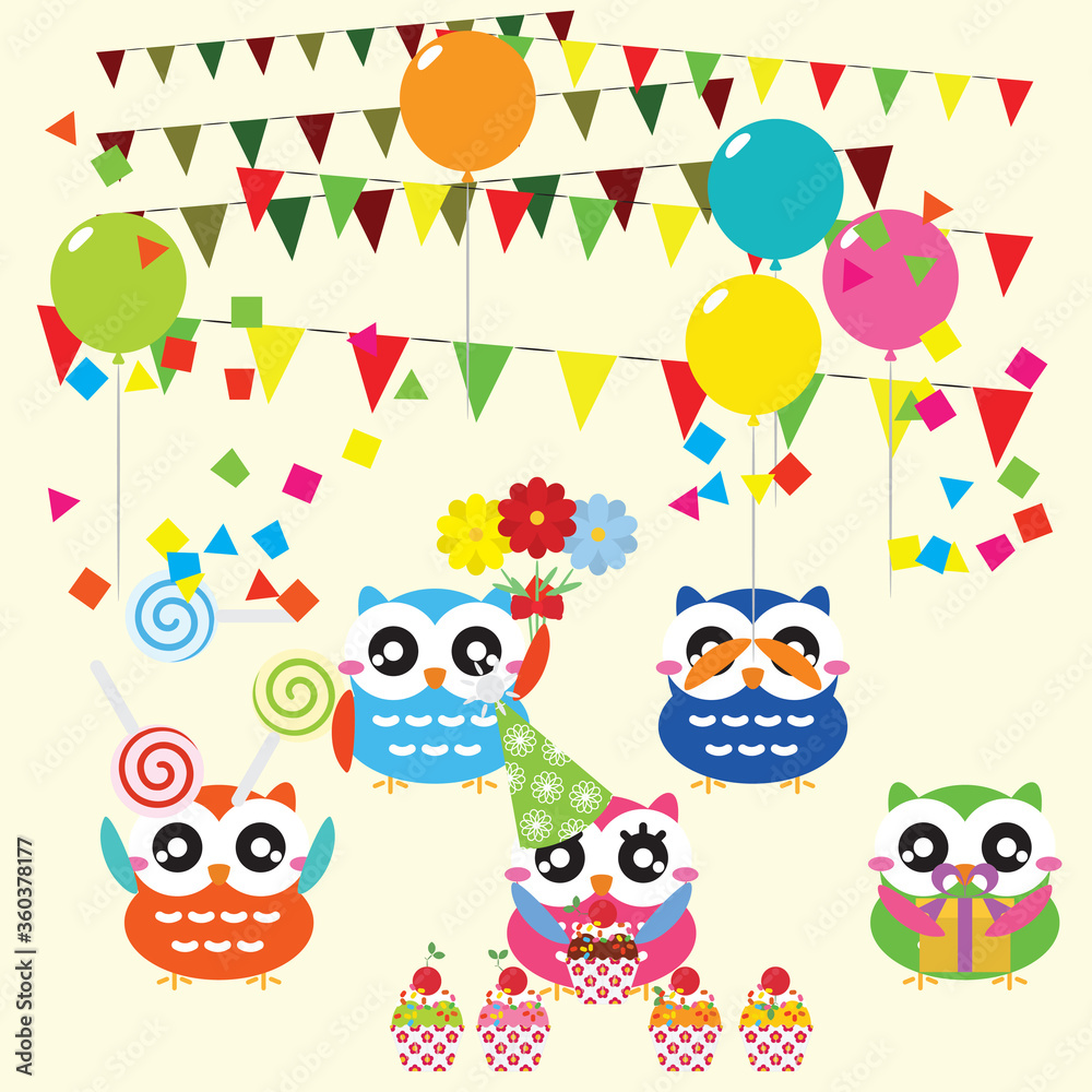 Naklejka Set of birthday party elements with cute owls. Vector illustration