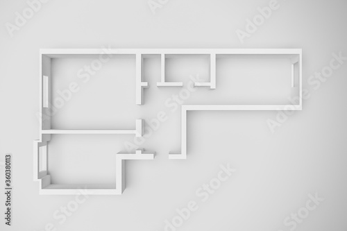 3d interior rendering of an empty paper model of an apartment house with two bedrooms, a large living room and kitchen, bathroom and toilet on a white background