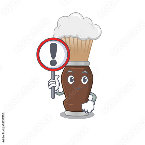 A cartoon icon of shaving brush with a exclamation sign board