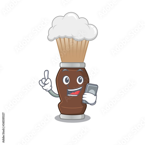 caricature character design style of shaving brush speaking on phone