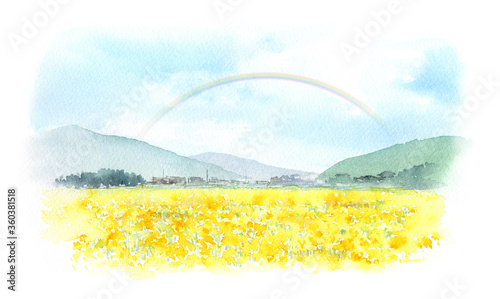 虹がかかる風景　水彩画