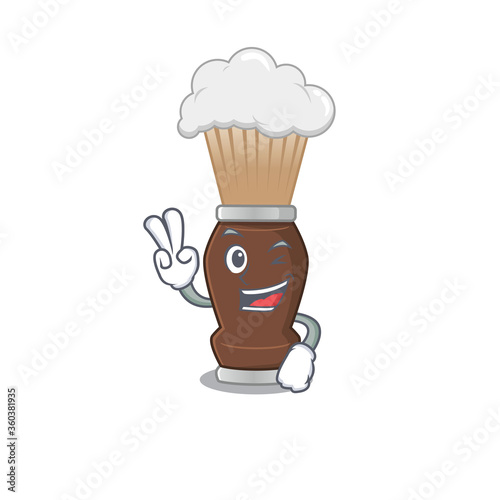 A joyful shaving brush cartoon mascot style show two fingers pose