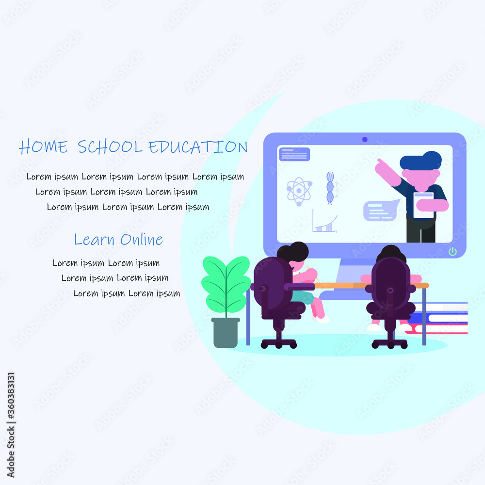 Home education online ,Online early childhood education courses, E-learning watch a lecture given by a teacher on a computer monitor and study
,preschoolers at distance learning, Stock vector flat ill