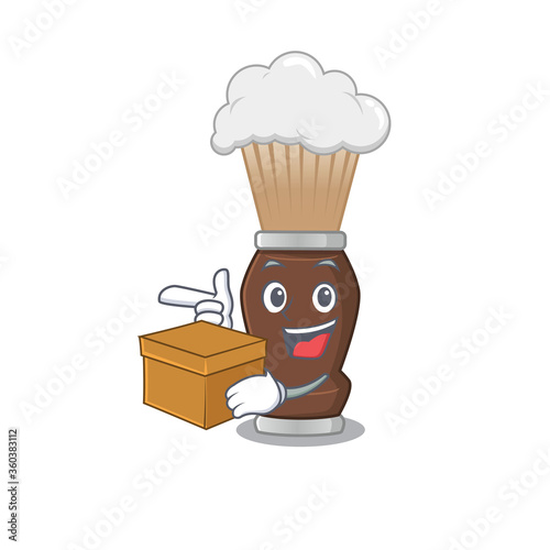 A smiling shaving brush cartoon mascot style having a box