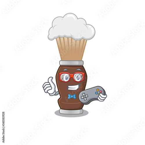 Cartoon Mascot design of shaving brush gamer using controller