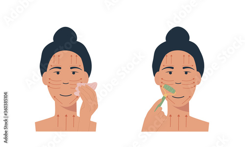Woman with jade face roller and gua sha stone scraper. Facial yoga. A girl massaging her face. Acupuncture anti-aging traditional chinese medicine self care method. Vector flat illustration on white.
