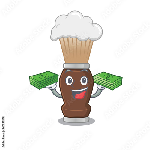 A wealthy shaving brush cartoon character having much money on hands