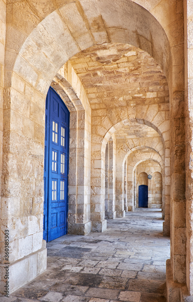 Naklejka premium The view of portico roofed colonnaded terrace of the Malta Maritime Museum in Vittoriosa. Malta.