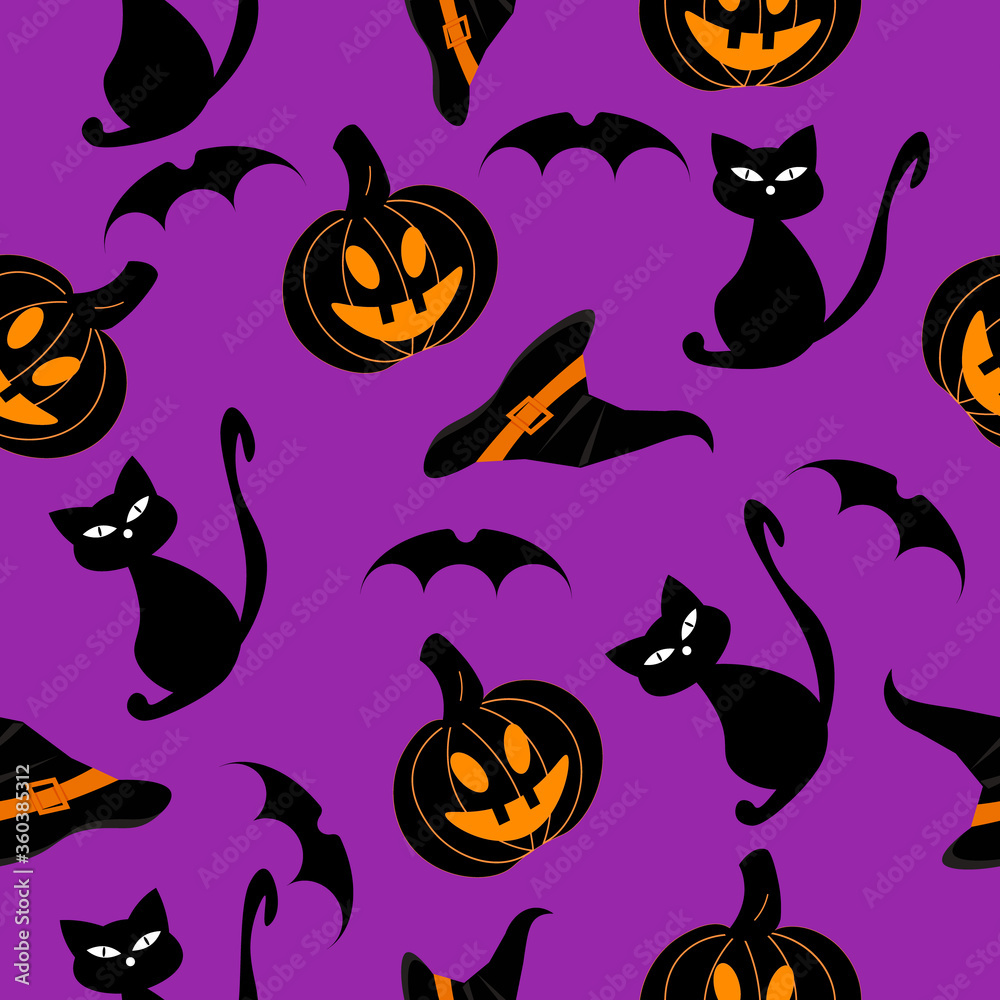 Halloween pattern. Vector illustration on a purple background. Pumpkin and cat and bat. hat. Seamless pattern.