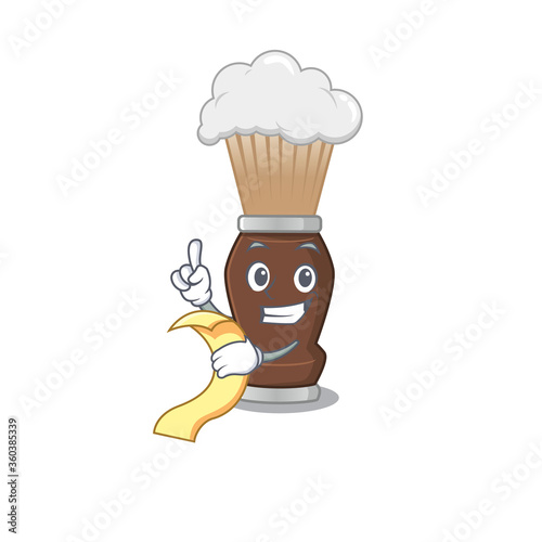 Shaving brush mascot character style with food and beverage menu on his hand