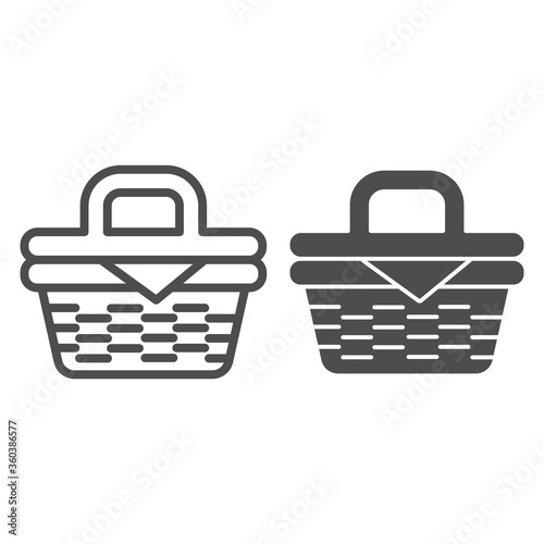 Picnic basket line and solid icon, summer time concept, Wicker picnic basket sign on white background, basket with food for outdoor leisure icon in outline style for mobile and web. Vector graphics.