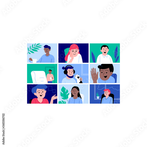 Diverse characters participating in the online conference call. Friends meeting up online. Team working from home via videocall.