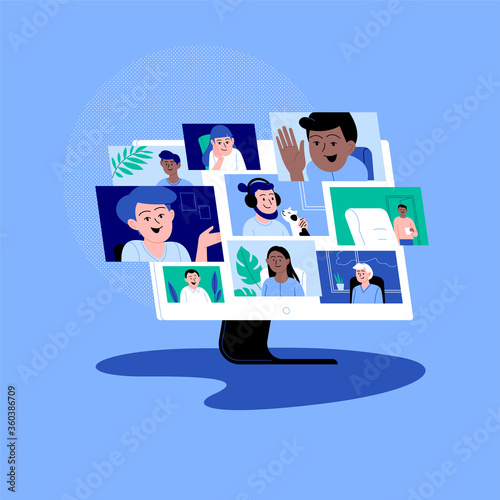 Diverse characters participating in the online conference call. Friends meeting up online. Team working from home via videocall.