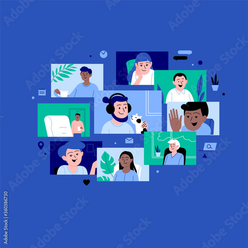Diverse characters participating in the online conference call. Friends meeting up online. Team working from home via videocall.