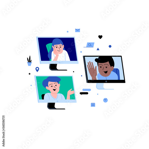 People participating in the online conference call. Friends meeting up online. Team working from home via videocall.