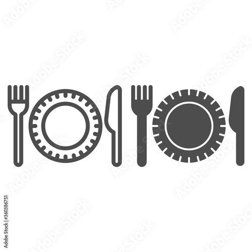 Plastic disposable tableware line and solid icon, picnic concept, plate with fork and knife sign on white background, Paper disposable food dish and cutlery icon in outline style. Vector graphics.