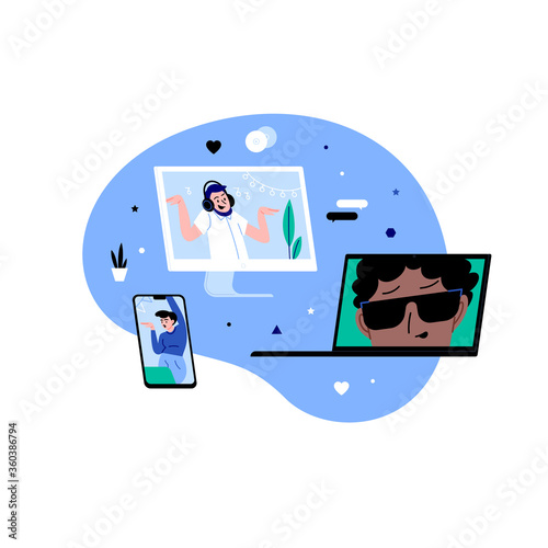 Diverse people dancing and chatting on the online conference house party via different devices. Friends meeting up online. Party from home via videocall.
