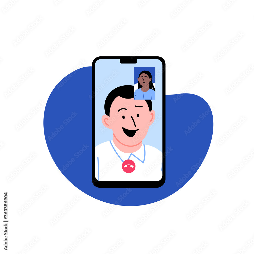 Flat illustration of a man and a woman speaking via video call on the smartphone screen Flat illustration of a man and a woman speaking via video call on the smartphone screen