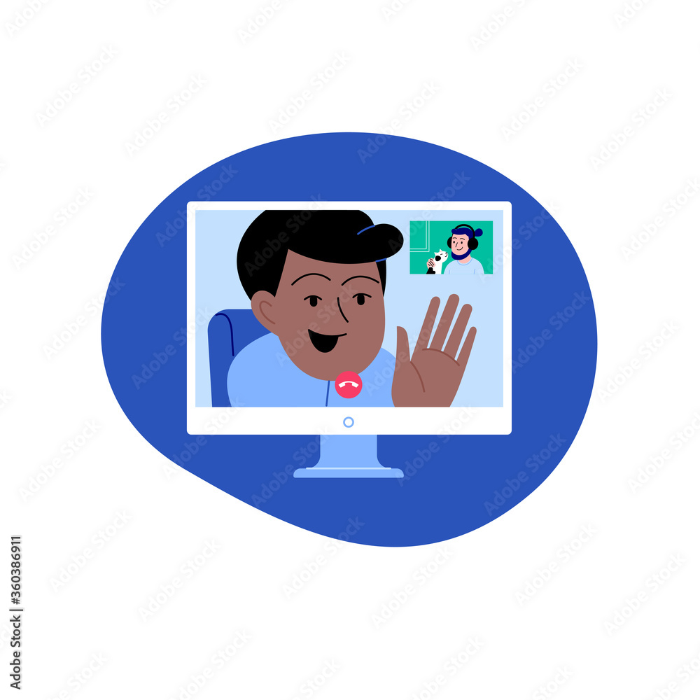 Flat illustration of two men speaking via video call on the monitor screen