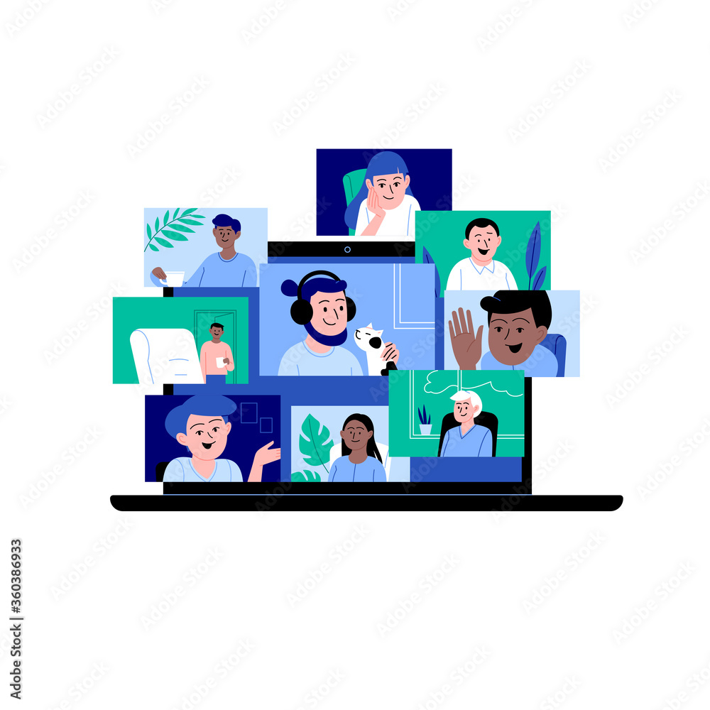Diverse people participating in the online conference call on the laptop screen. Friends meeting up online. Team working from home via videocall on different devices.