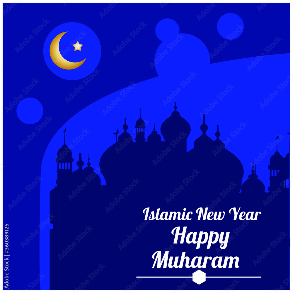 Islamic new year Happy Muharram illustration background. Muslim community festival, poster, banner.