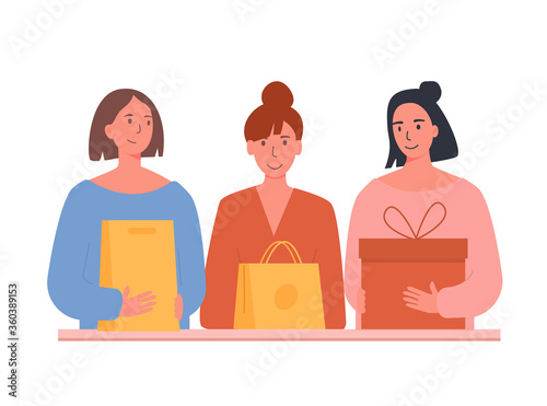 Happy girlfriends received delivery. Friends received gift box. Woman with shopping bags and boxes. Concept for e-commerce website, online retail shop. Vector flat illustration on white background. 