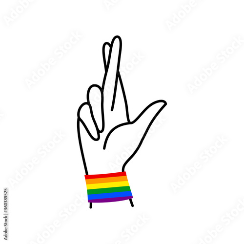 Pride LGBT Rainbow and Female hand with crossed fingers in a minimal linear trendy style. Vector Illustration