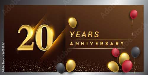 20th years anniversary celebration logotype. anniversary logo with golden color, balloon and confetti isolated on elegant background, vector design for celebration, invitation card, and greeting card
