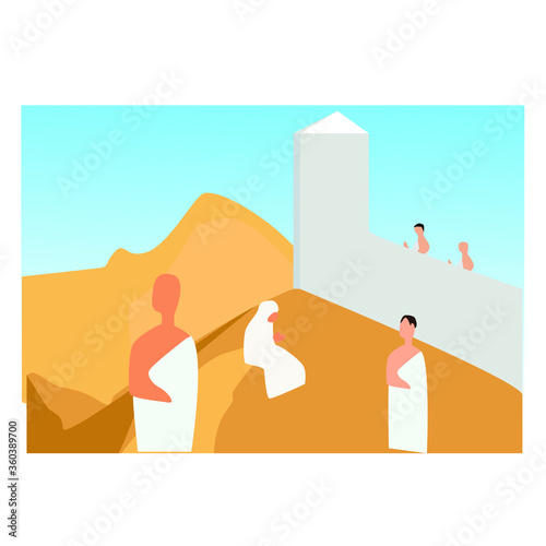 muslim and muslimah pilgrim on holy place Kaabah at Mecca, Saudi Arabia. Muslim holiday, Eid al Adha greeting card concept one flat design illustration