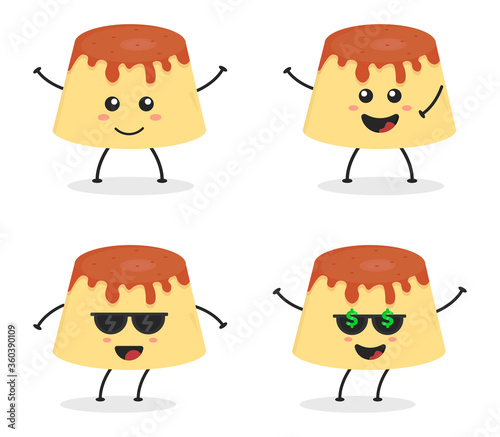 Cute Flat Cartoon Pudding Illustration. Vector illustration of cute chocolate pudding with a smiling expression. Cute pudding mascot design
