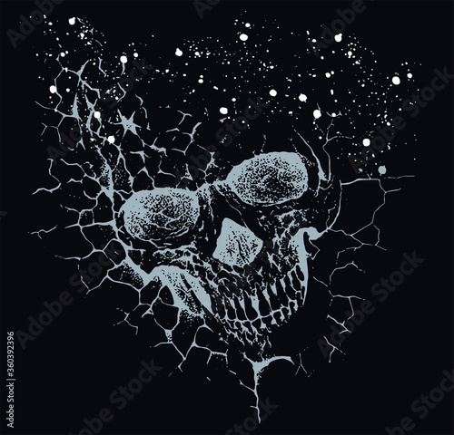 Vector illustration of skull in strokes with cracked soil aspect.