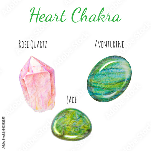 Heart chakra stones set. Close up illustration of gems drawn by hand with colored pencils. photo