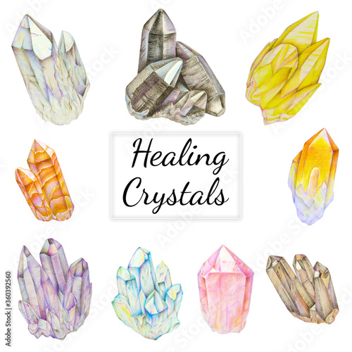 Healing Crystals set with quartz, hematite, citrine, calcite, aquamarine, amethyst. Hand drawn colored pencils illustration.