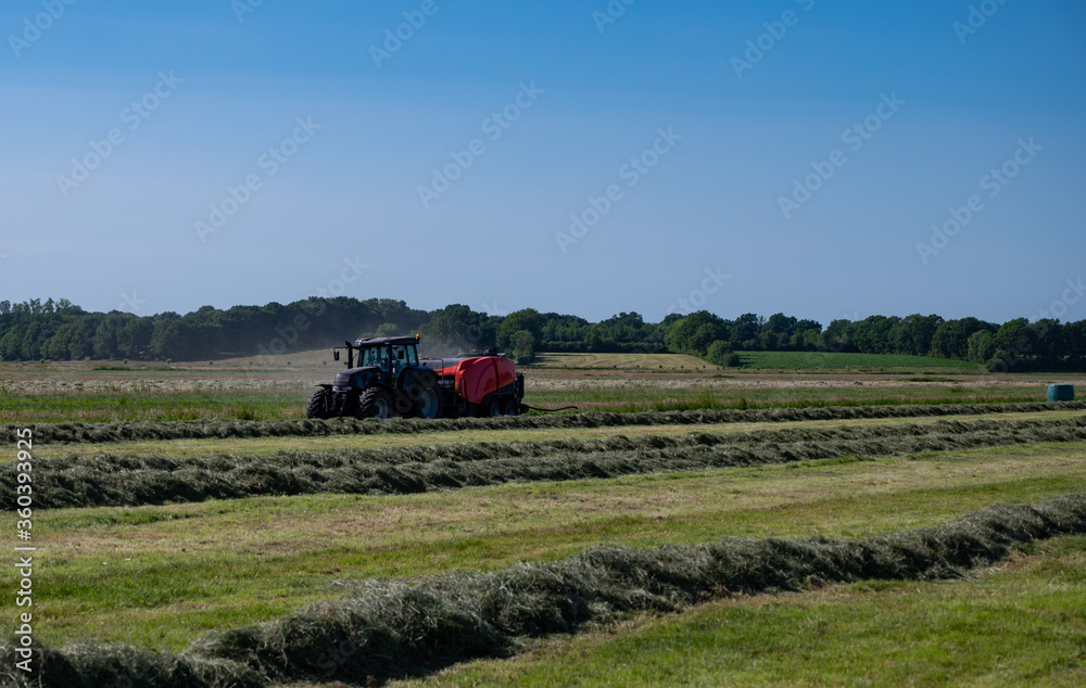 Schwarzer Treker mit einer roten Stroh Festkammerpresse bei der Strohernte auf einem gemähten Feld Schwarzer Treker mit einer roten Stroh Festkammerpresse bei der Strohernte auf einem gemähten Feld