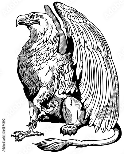 Griffin, griffon, or gryphon. A mythical beast having the body of a lion and the wings and head of an eagle. Sitting pose, side view. Black and white vector illustration