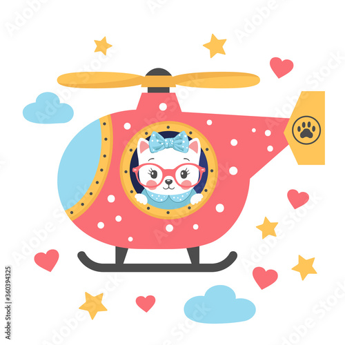 Cute little cat girl in a helicopter. Illustration for children print design, kids t-shirt, baby wear and other uses.
