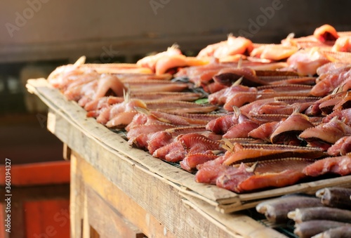 Dried snakehead fish in the market for sale in Thailand