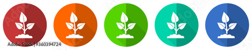 Nature plant icon set, organic, ecology, red, blue, green and orange flat design web buttons isolated on white background, vector illustration