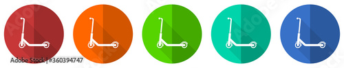 Scooter icon set, sport, activity, vehicle,, red, blue, green and orange flat design web buttons isolated on white background, vector illustration