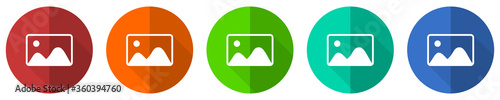 Photography icon set, image, photo, picture, red, blue, green and orange flat design web buttons isolated on white background, vector illustration