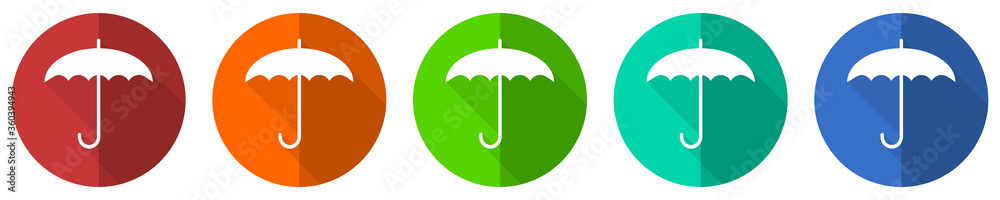 Umbrella icon set, red, blue, green and orange flat design web buttons isolated on white background, vector illustration Umbrella icon set, red, blue, green and orange flat design web buttons isolated on white background, vector illustration