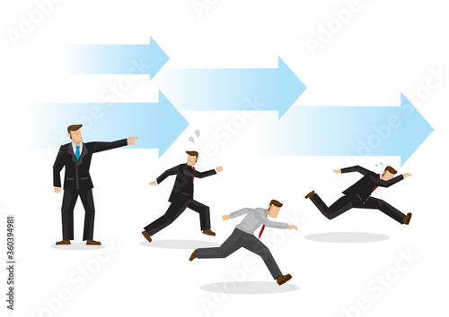 Boss demands his employees to reach their target/goal. Creative cartoon vector illustration.