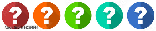 Question mark icon set, red, blue, green and orange flat design web buttons isolated on white background, vector illustration