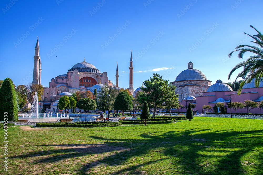 Istanbul, Turkey - 18 Sept, 2018: Hagia Sophia (left) and Baths of Roxelana (right), both of these two historical buildings are landmark and famous in Istanbul, Turkey.